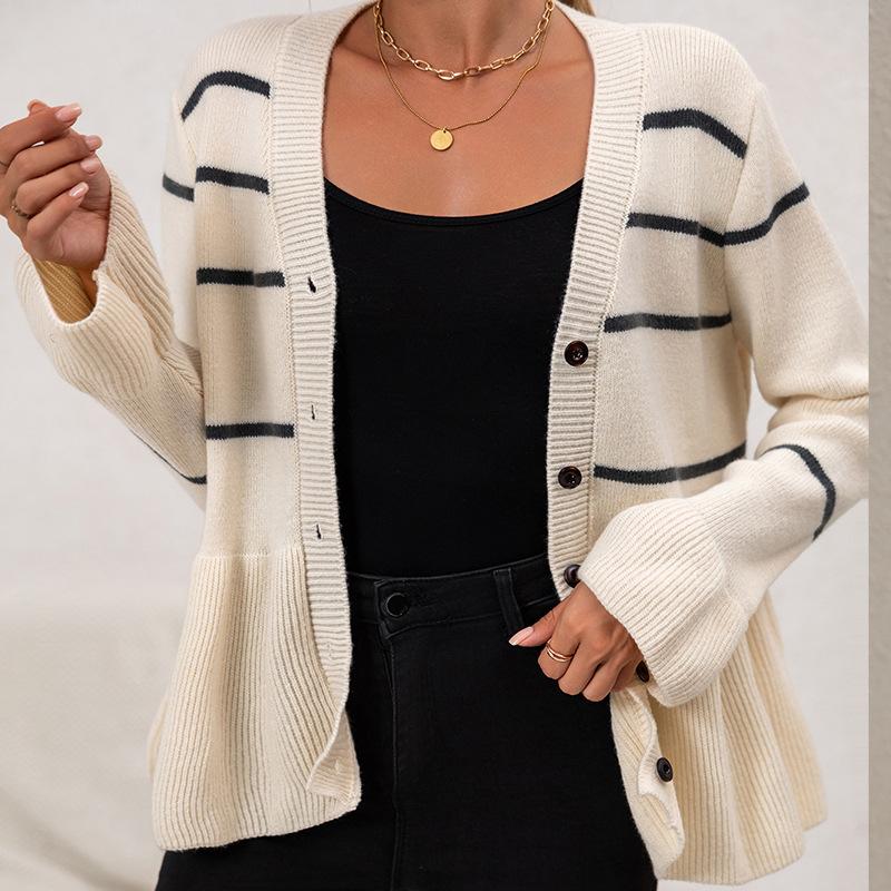 Women V Neck Striped Loose Knit Long Sleeve Cardigan