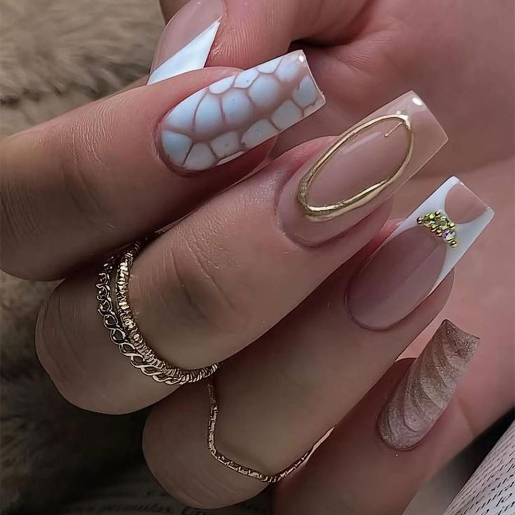 24PCS Spice Girls Stick on Fake Nails Pink Flowers Leopard Print French False Nails Golden Decor Square Wearable Simple Manicure