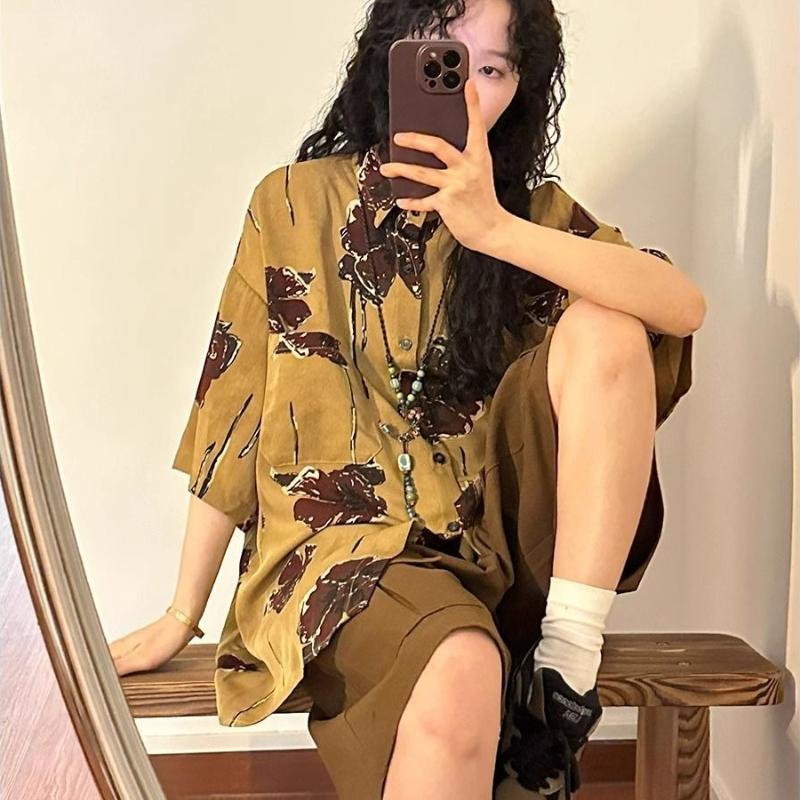 Women's Printed Short Sleeved Shirt Chinese Style Loose Retro Female's Shirts Single Breasted Woman Clothing with Pocket