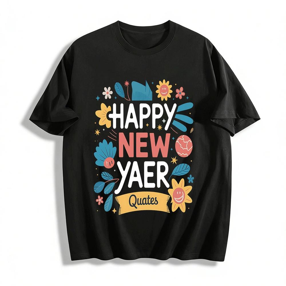 

Happy New Year Smiley Floral Print Casual Top Pure cotton T-shirt XXS