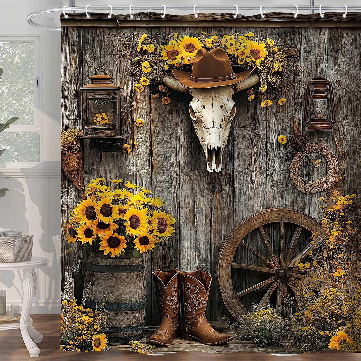 

Western Cowboy Shower Curtain, Rustic Barn Door Farmhouse Decor, Southwest Country Ranch Bath Curtain with Cowboy Boots Floral B 90x180cm