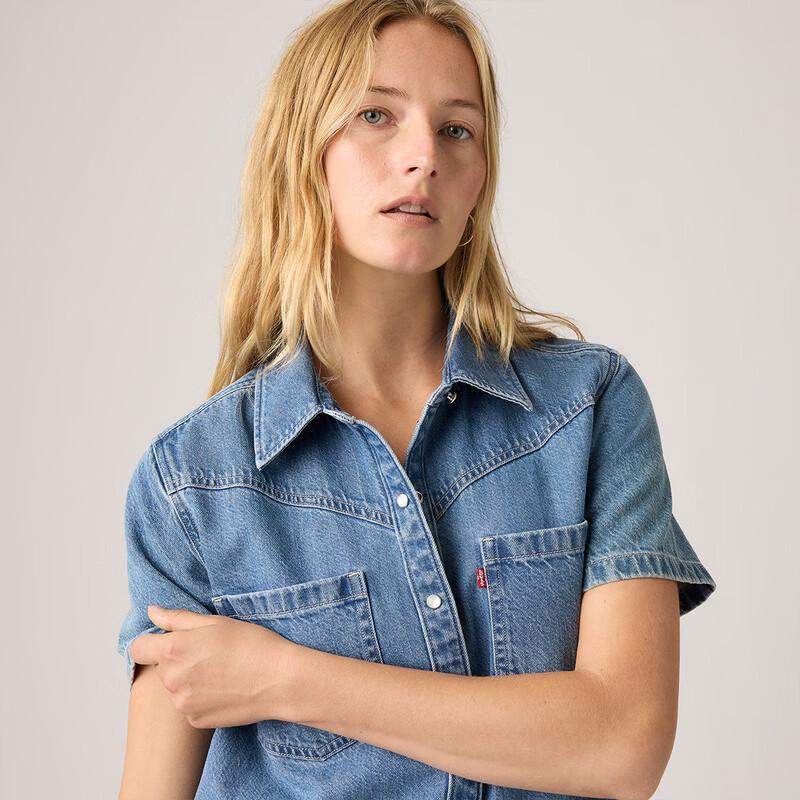 Levi's Vestido Camisa Casual de Mezclilla de Manga Corta Retro para Mujer