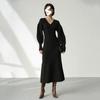 Retro high-end V-neck lantern long-sleeved knitted dress for women's autumn and winter waist long bottom sweater skirt