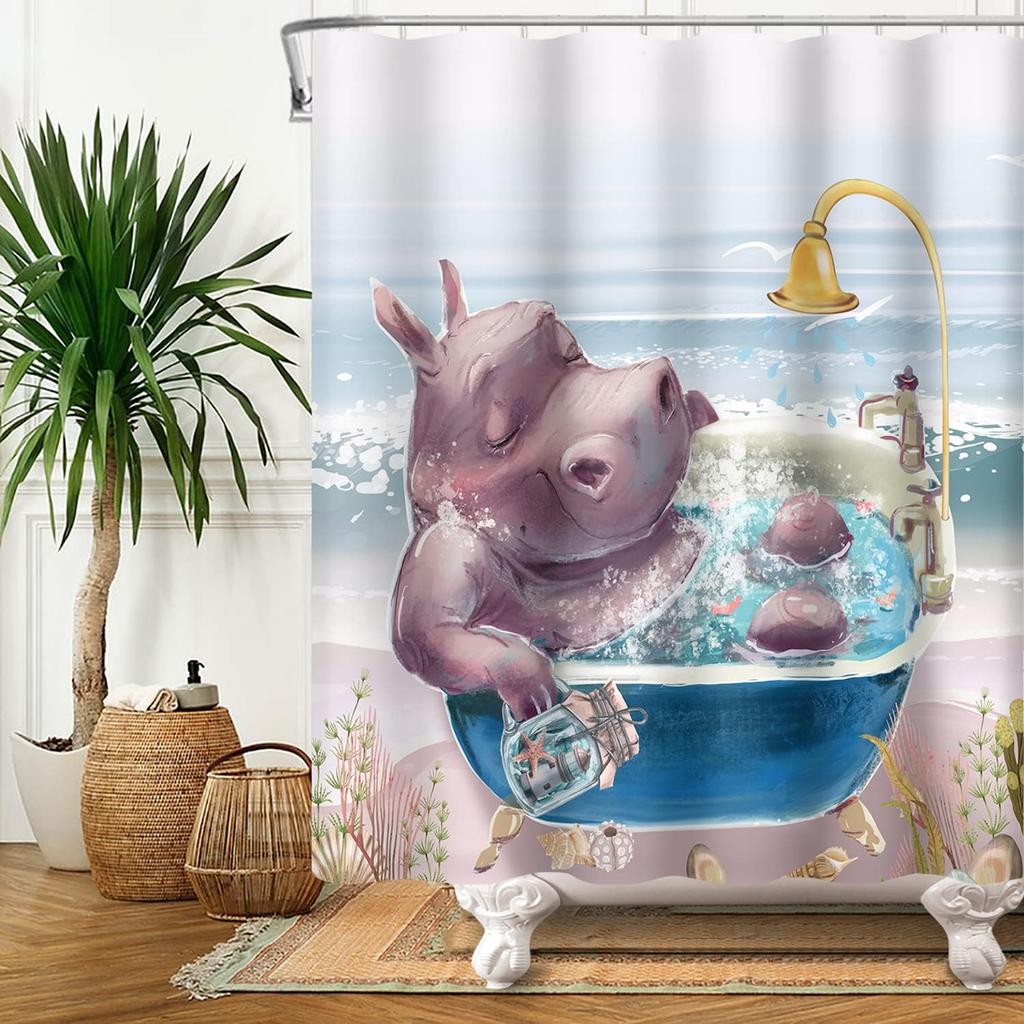 Charming Hippo Fun Shower Curtain Cartoon Animal Coast Landscape Bathroom Decorative Shower Curtain With Hook 180X180Cm