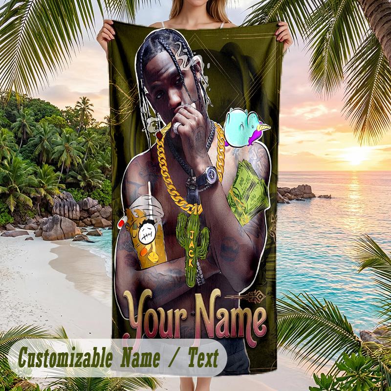 Travis Scott Beach Towel, Personalized Custom Name Text, Quick Dry Large Absorbent Towel For Beach Pool