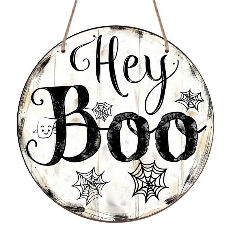 2D Flat, 1pc "Hey Boo" Halloween Ghost Round Aluminum Sign for Fall And Winter Celebrations, Suitable for Indoor And Outdoor Use, Wall Decoration for