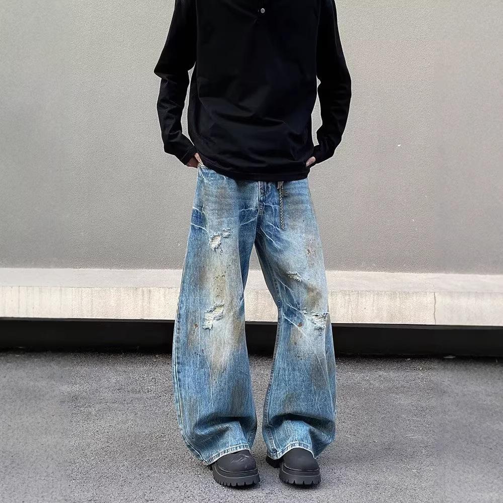American retro loose dirty jeans men's niche design sense ripped cat whisker pants couple tide high street casual