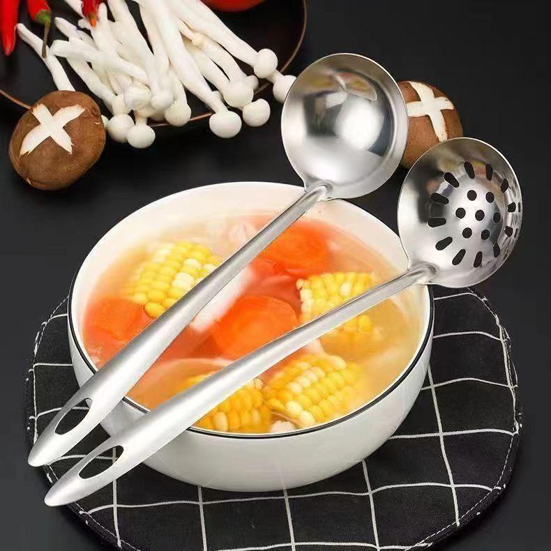Stainless Steel Soup and Hot Pot Ladle Set: Large Ladle, Small Slotted Spoon, Long Handle, Commercial Porridge Spoon