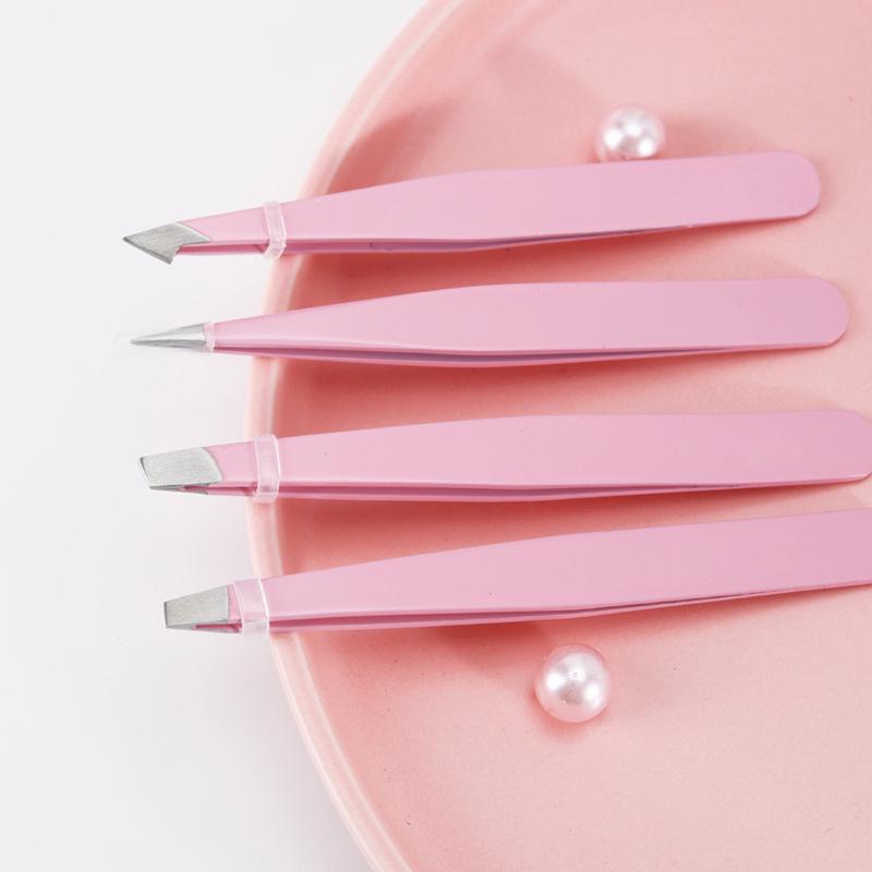 Pink Stainless Steel High Precision Slanted Eyebrow Tweezers with Pointed Hook in Plastic Box Set.