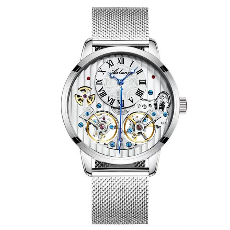 AILANG Orologi da Uomo Nero Doppio Tourbillon Cinturino in Pelle Orologi Meccanici Automatici Tourbillon Volante Impermeabile