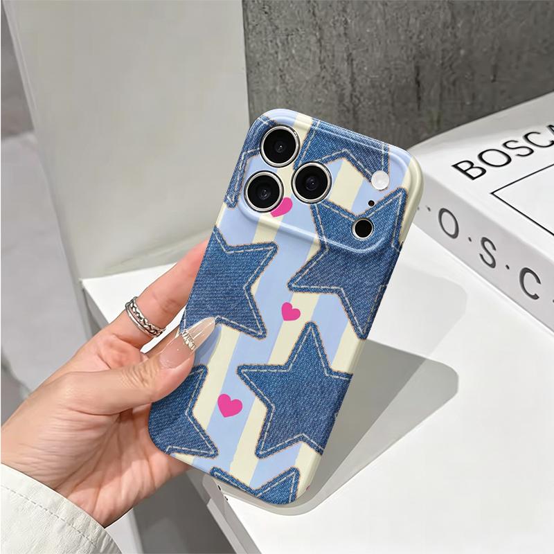 Cute Denim Jean Star Heart Striped Pattern Art Film Aesthetic Protective Shockproof Bumper Phone Case Cover For iPhone 14 15 16 Pro Max Plus