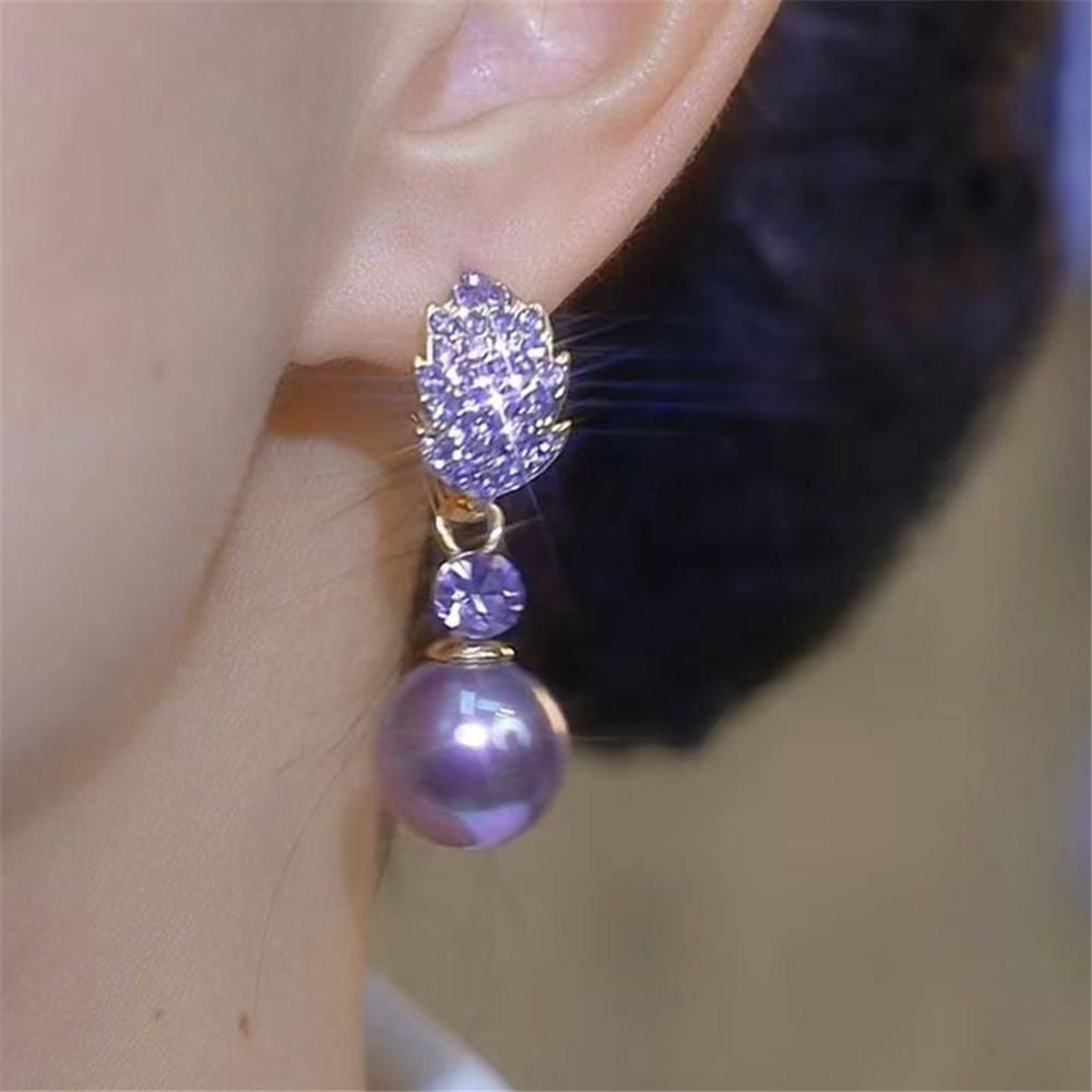 Cute Female Purple Pearl Zircon Stone Round Hoop Earrings Vintage  Gold Color Wedding Jewelry For Women