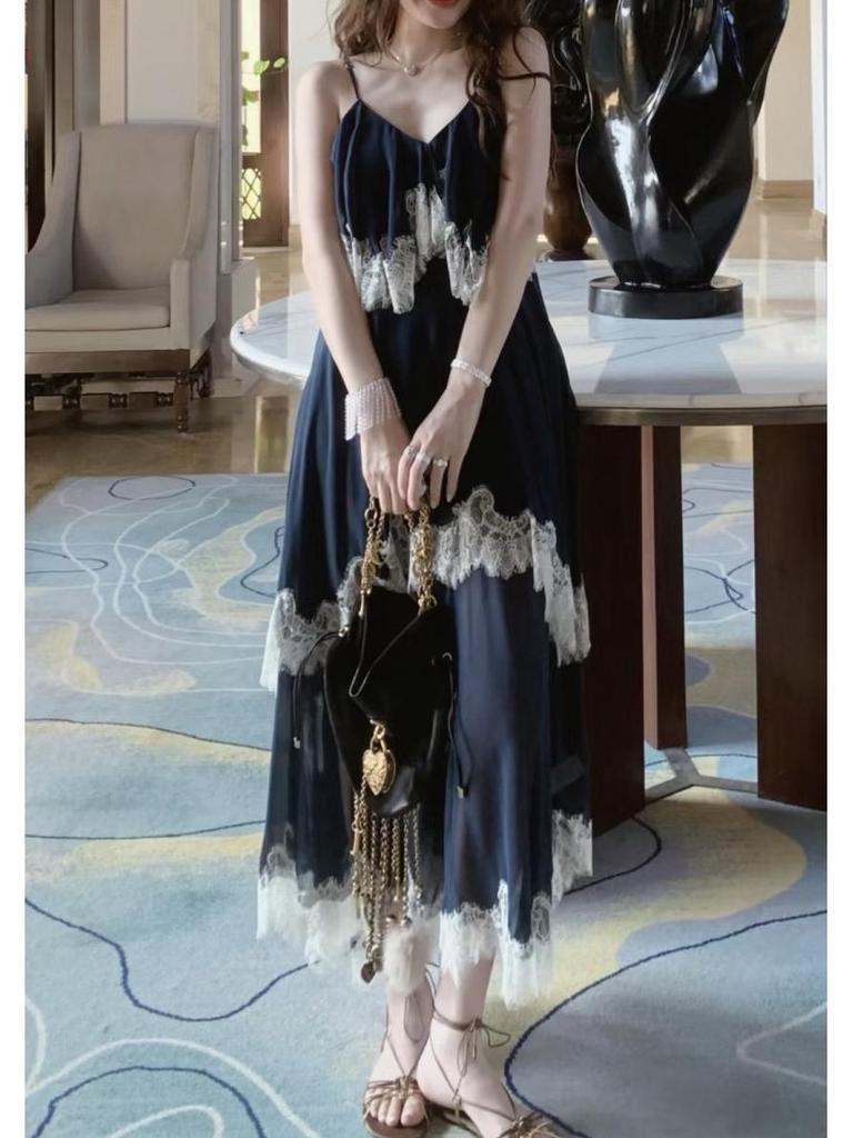 Misty Blue Lace Patchwork Camisole Dress - Spring 2026