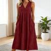 Rochie casual de vară din in pentru femei, fără mâneci, cu decolteu în V, rochie de soare lejeră, croială A, tip maiou, midi, cu buzunar