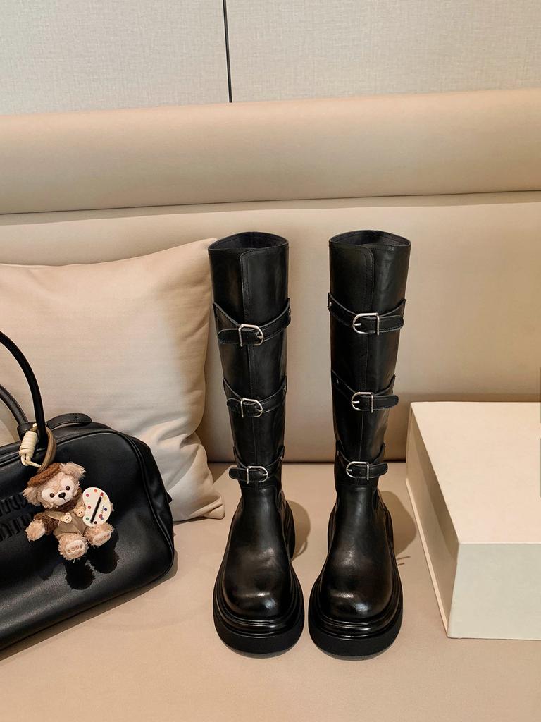 Cowhide version~ Grape mother has the same fashionable belt buckle long knight boots round head thick sole versatile medium tube short boots for women