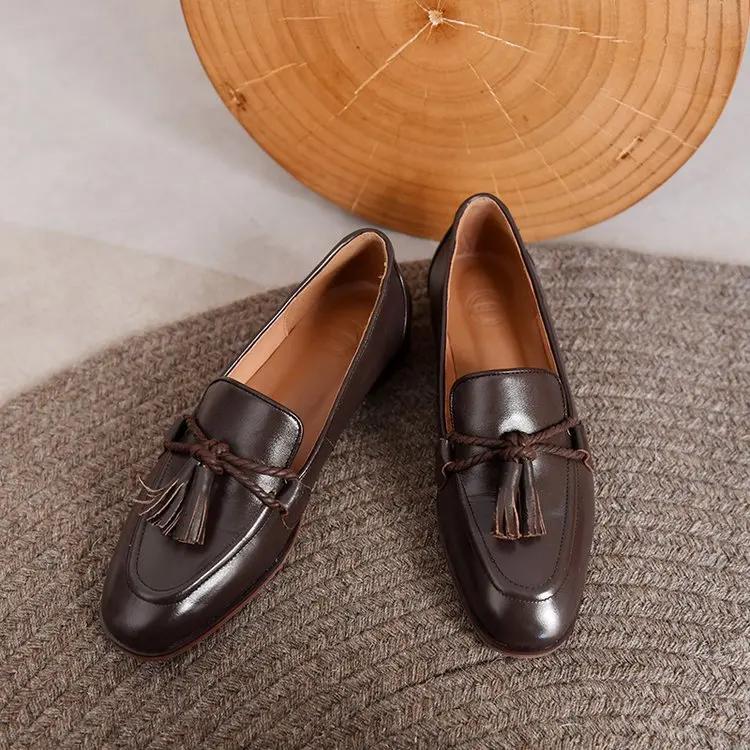 Fashion Fashion Women's Loafers Tassels SquareToe Flat Shoes Shallow Mouth Commuter Daily Casual Vintage  Leather Shoes British