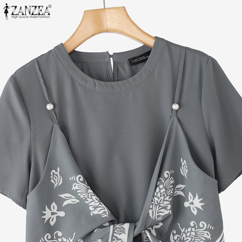 ZANZEA Women Summer Print Patchwork Casual Round Neck Short Sleeve T-Shirts