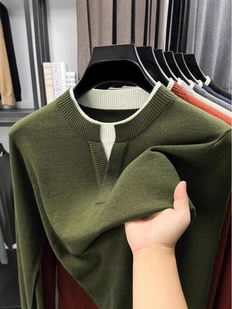 Men's V-Neck Faux Two-Piece Knit Sweater: Casual Long Sleeve Base Layer for Autumn & Winter