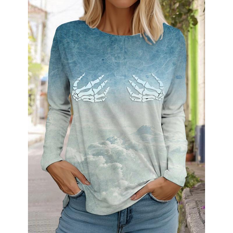 

Пуловер с принтом черепа, осенне-зимняя повседневная толстовка с длинным рукавом и круглым вырезом, градиентная женская одежда XL