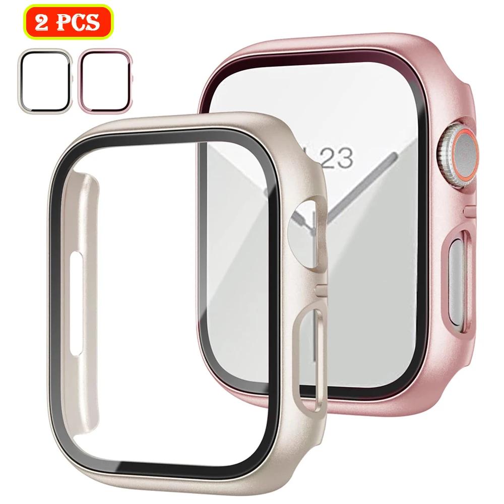 2PCS Tempered Glass+cover For Watch Case 44mm 40mm 42mm 41mm 45mm PC bumper Screen Protector iWatch series 9 8 7 6 5 3 se