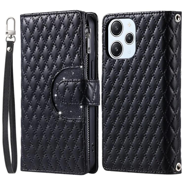

Style 013 for Xiaomi Redmi 13 4G Case Zipper Pocket PU Leather Rhombus Phone Cover - Black