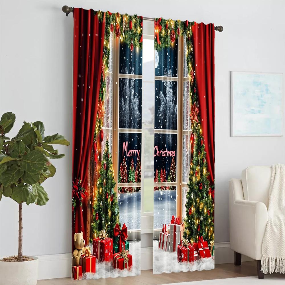 2Pcs Christmas Tree Printed Window Curtains Rod Pocket Design Machine Washable Window Drapes For Living Room And Bedroom Home
