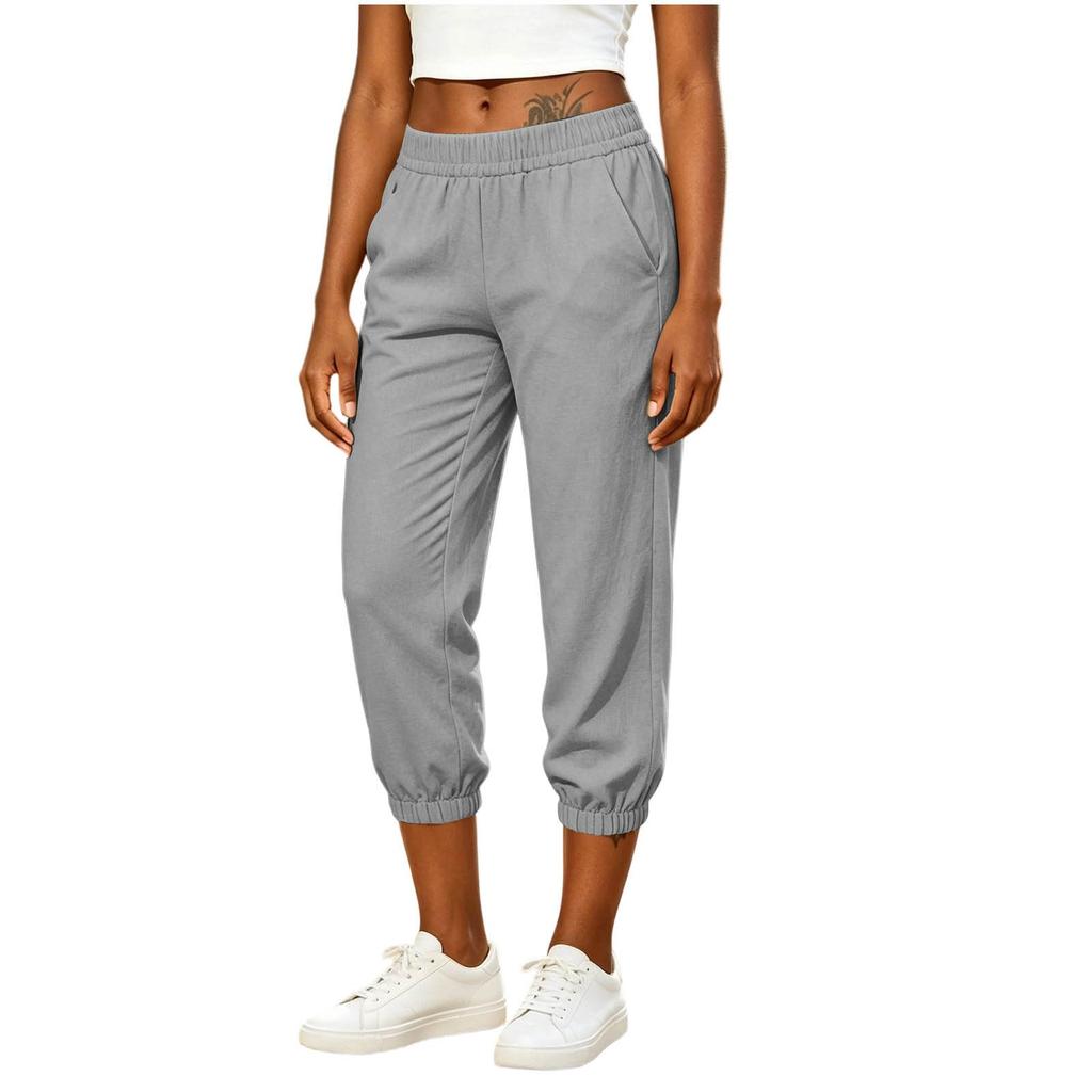 Women Loose Fit Drawstring Waist Casual Pants with Pockets Elastic Ankle Cuffs Cotton Linen for Everyday Wear