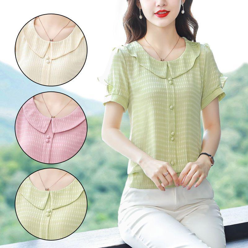 Summer Plus Size Blouse Women Vintage Chiffon Shirt Casual Loose Short Sleeve Tops