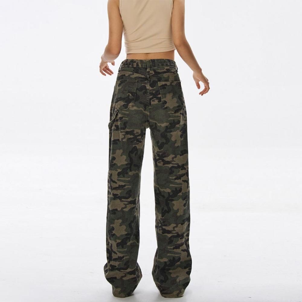 American Camouflage Tooling Jeans Women's High-waisted Hiphop Hip-hop Sweet and Spicy Wide-leg Casual Straight Jeans