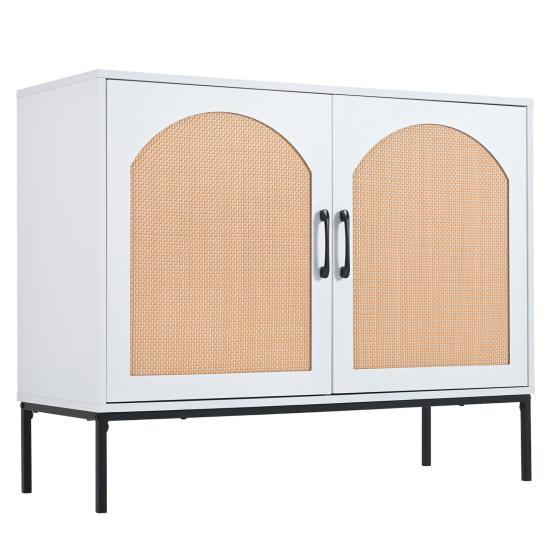 Shoe Cabinet with 2 Rattan Doors and 5 Shelves, Hallway Shoe Cabinet with Wood Handles and Solid Wood Legs