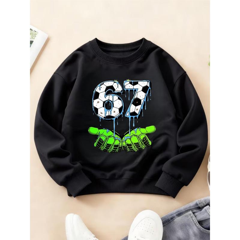 Kids Unisex Crewneck Sweatshirt, Dripping Soccer Texture Number 67 With Neon Green Cartoon Hands Print Soft For 7th Birthday Soccer Lover 110 чёрный