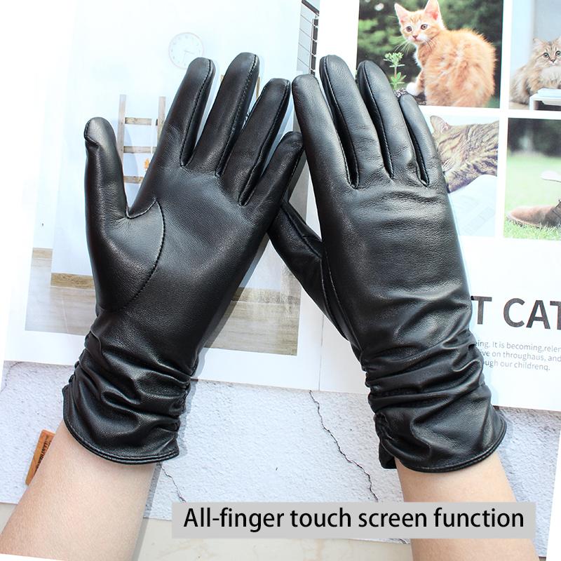 Genuine Leather Gloves Women's Sheepskin Gloves White Elastic Style Velvet Lining Outdoor Windproof Winter Warmth New