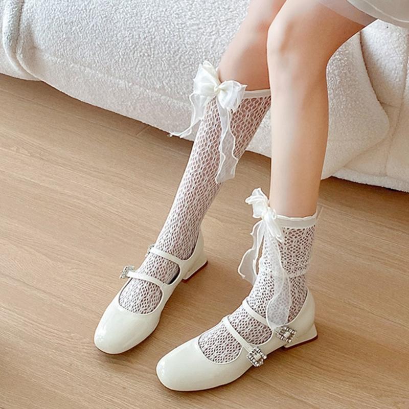 Japanese Style Fishnet Patterned Long Tube Socks for Women Girls Cute Pearl Bowknot Hollowed Out Mesh Over Calf Socks