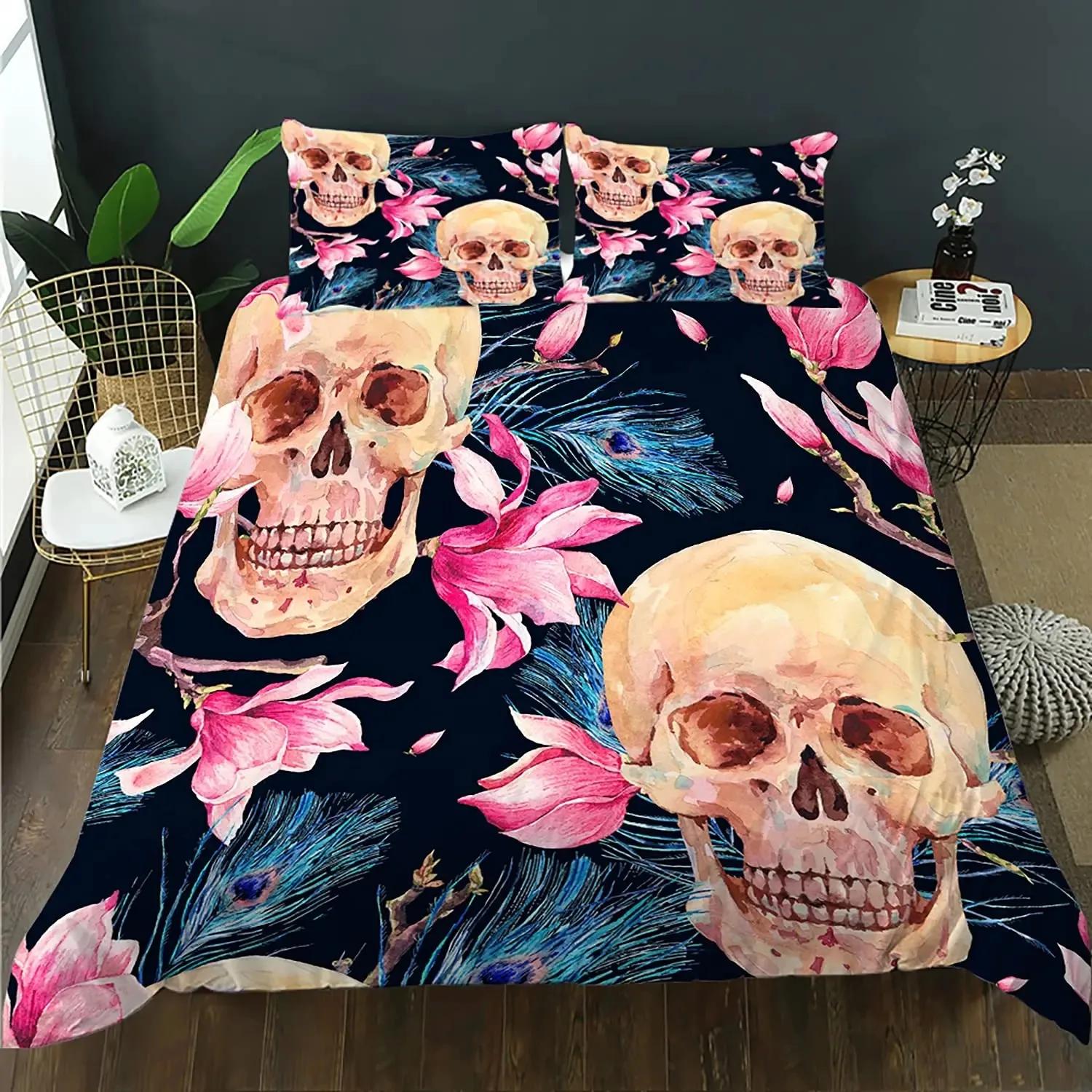 

Skull Rose Skeleton Theme Duvet Cover Set Polyester Comforter Cover With Pillowcase For Boy Teen King Queen Size Bedding Set EU single(135x200cm)