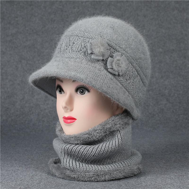 

Комплекты из шарфа и шапки Зимняя шапка для пожилых женщин среднего возраста, связанная из пряжи кролика для тепла Шапка-тазик для пожилых людей Комплекты для бабушки и бархата one size