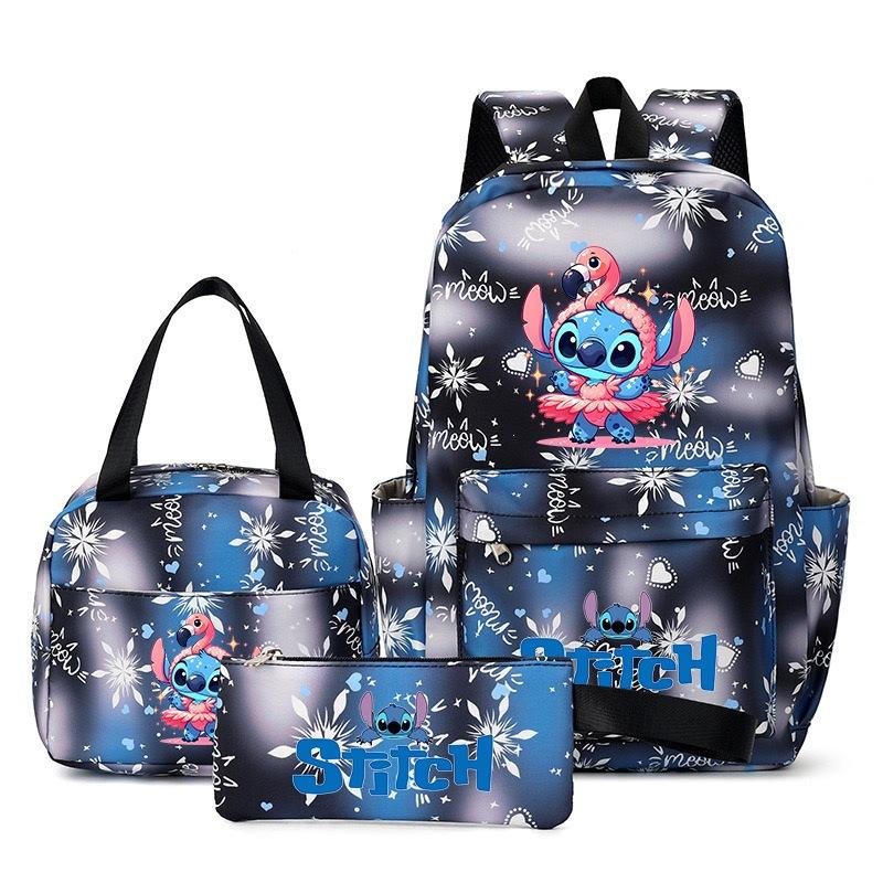 Stitch 3-teiliges Rucksack-Set für Jungen und Mädchen, Rucksack mit Campus-Cartoon-Print, Große Kapazität für Outdoor-Reisen