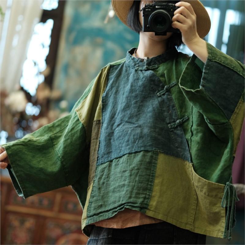 Johnature Women Vintage Patchwork Shirts Tops Chinese Style Stand Long Sleeve Blouses Spring Shirts