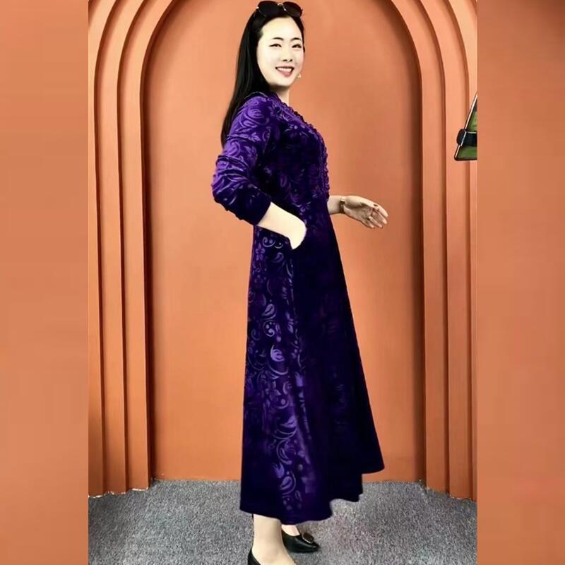 Women's Plus Size Printed Velvet Dress Autumn Loose V-neck A-line Long Casual Dress