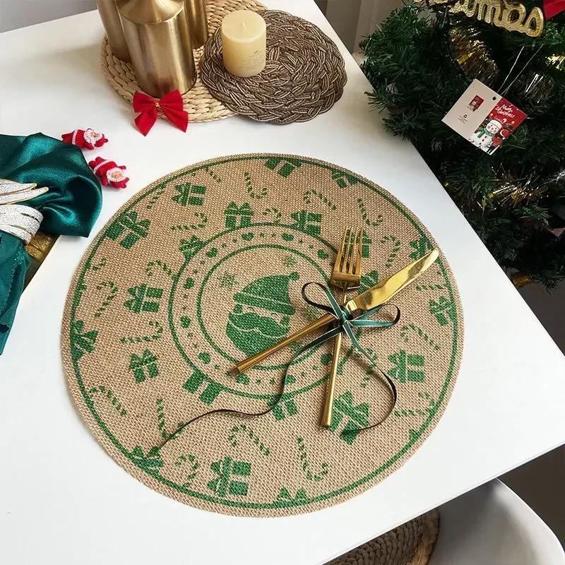 Jute Table Mats Christmas Woven Placemat Ins Printed Hairball Thermal Insulation Mat Retro Cotton and Linen Decorative Mat