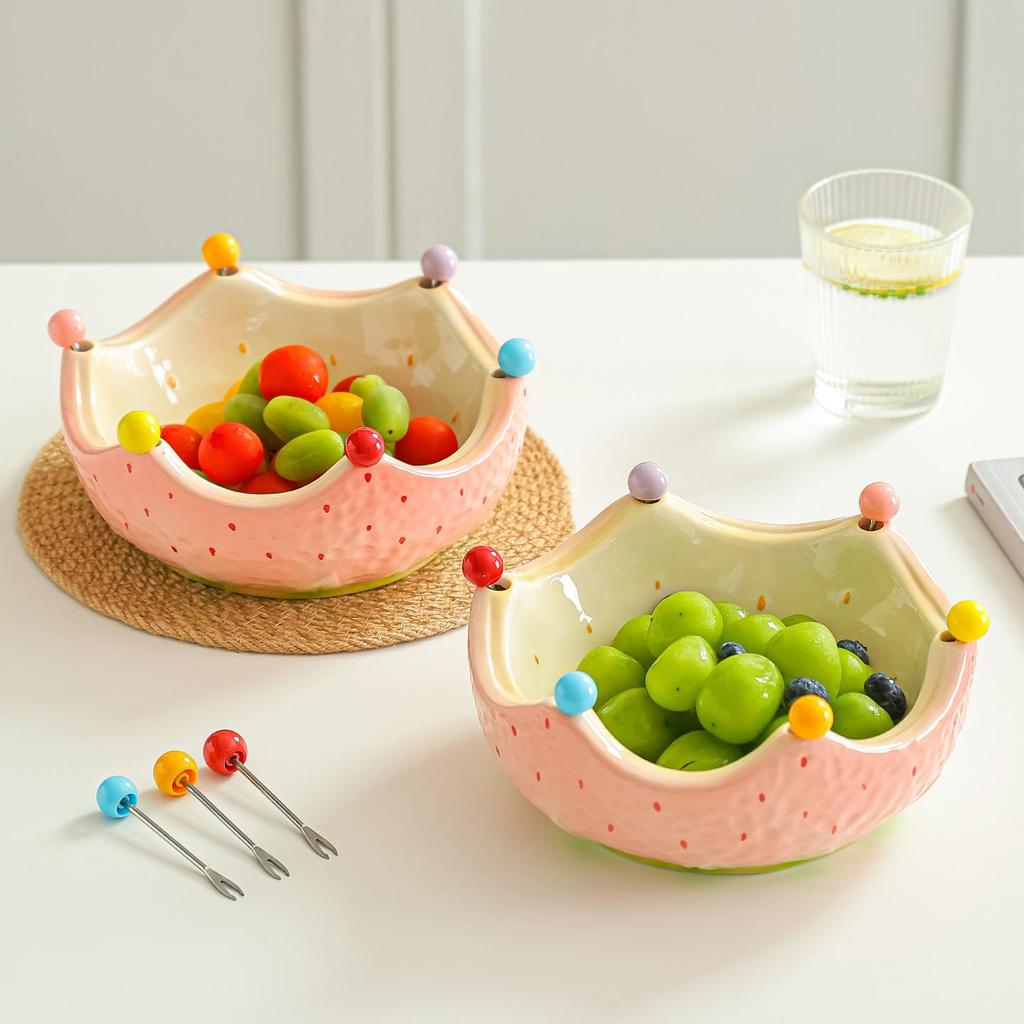 Creative Cartoon Ceramic Fruit Bowl Fork Set, Strawberry Shape, Milkshake Bowl