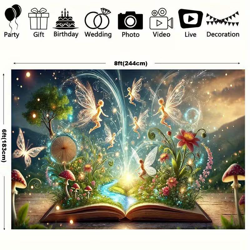 2D Verzauberter Märchenbuch-Hintergrund mit Feen & Schmetterlingen Party Fotoautomaten-Hintergrund