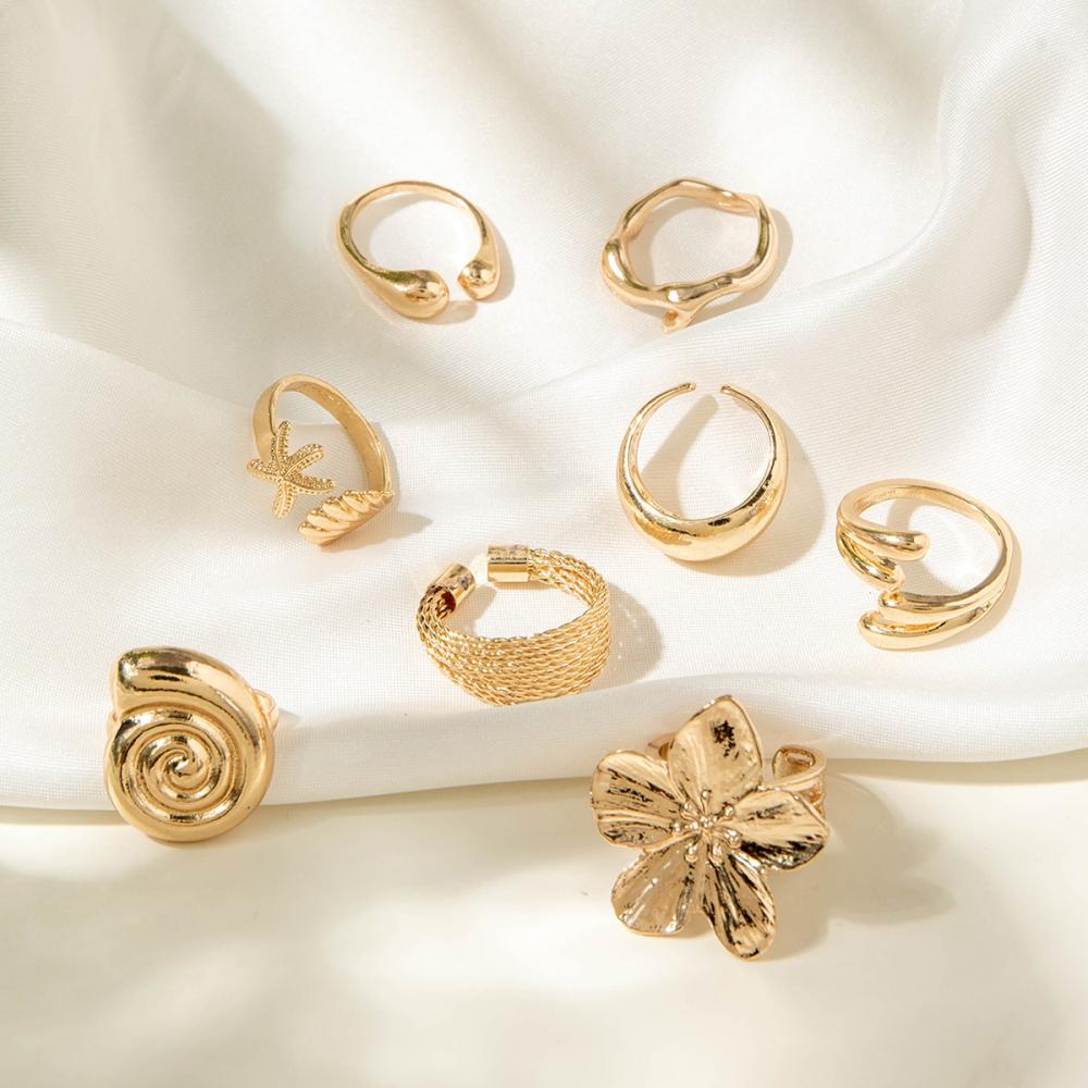 8Pcs/Set Vintage Metal Petal Flower Water Drop Open Rings for Women Trend Goth Geometric Rings Set Daily Jewelry Gift