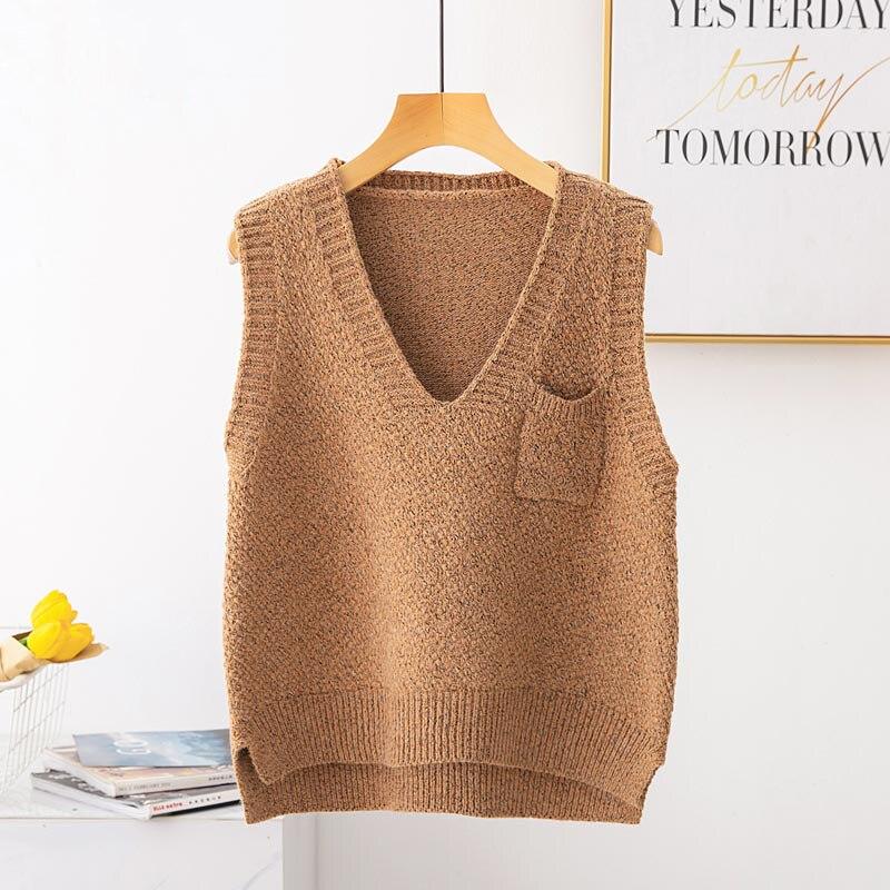 

Свободный свитер без рукавов с v-образным вырезом, жилет, женский карманный декор, сплошной цвет, простой вязаный свитер, жилет, женский весенний One Size хаки