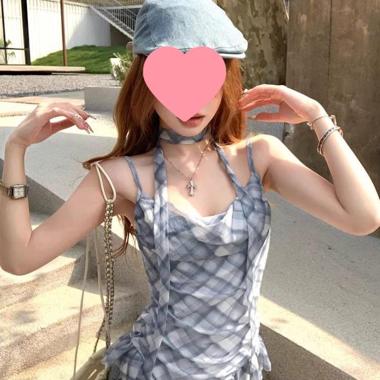 Korean Chic Plaid Camisole with Ruffles and Ribbons – Women's Sleeveless Summer Top