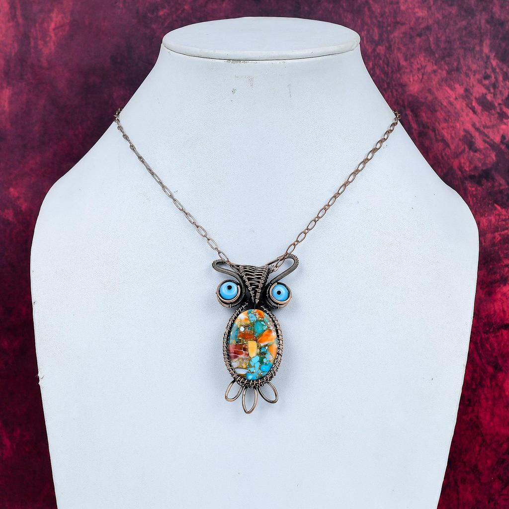 Spiny Oyster Copper Turquoise Pendant Gemstone Owl Jewelry Copper Wire Wrapped Pendant Blue Evil Eye Jewelry