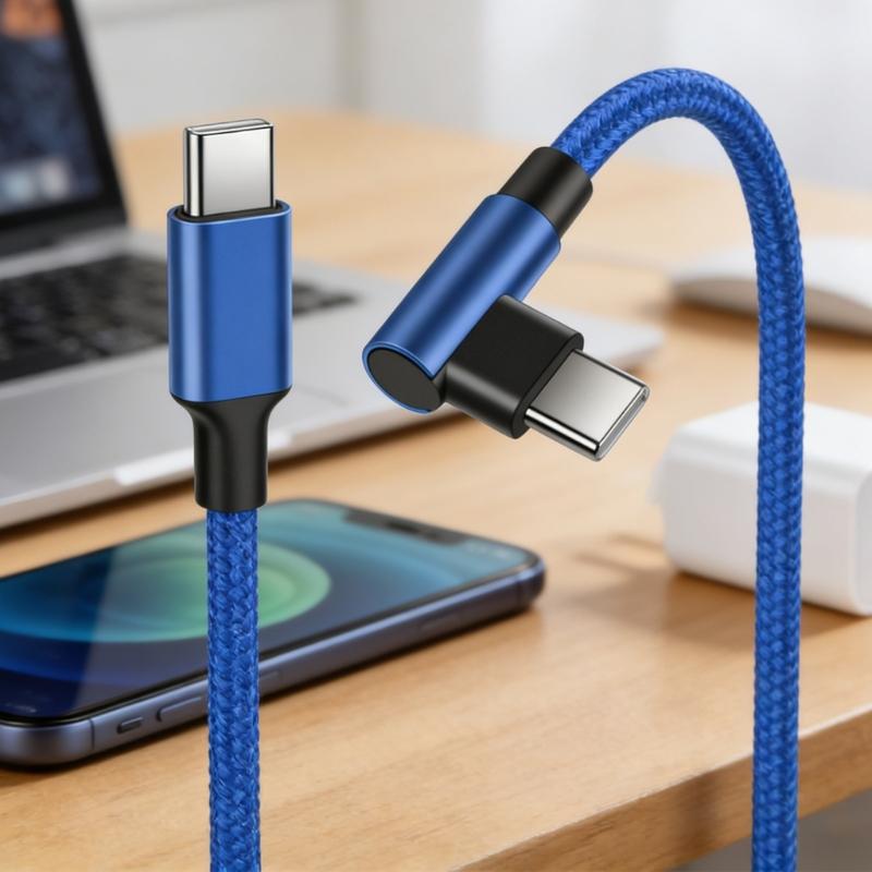 60W USB C To USB C Fast Charging Cable 480Mbps Data Transfer Nylon Braided Right Angle Type C Cable For Phone Laptop Tablet