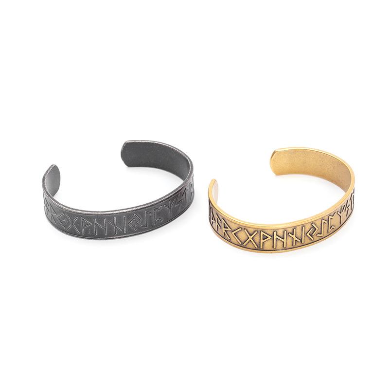 Vintage Rune Titanium Steel Men's Open Cuff Bracelet Bold Bangle