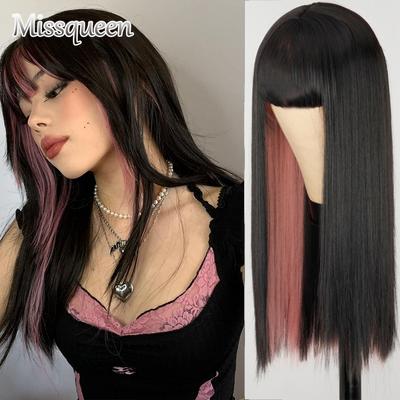 Rosa og Svart Parykk To Lag med Parykker Langt Rett Hår Cosplay Parykk Tofarget Ombre Farge Dame Syntetisk Hår Parykker Lolita Parykk