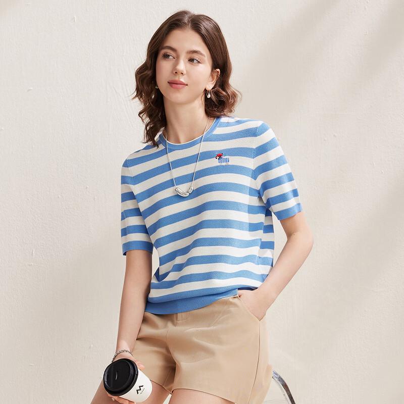 Zhaojun Silk Blend Striped Knit Short Sleeve T-Shirt
