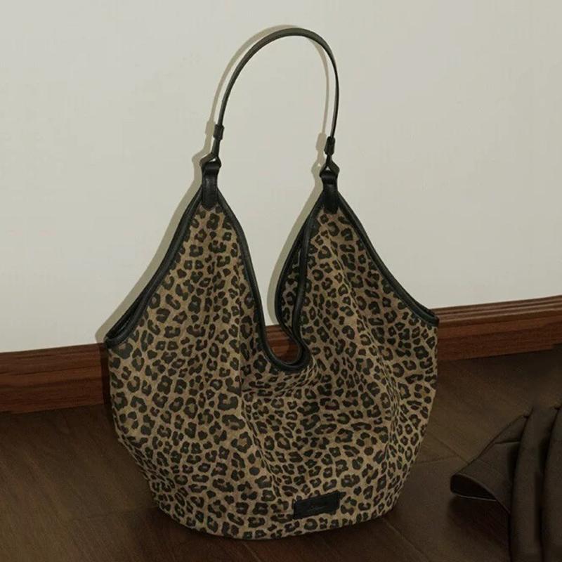 Leopard print canvas tote bag for women Korean fashion cotton fabric hobo bags large shoulder shopping bag